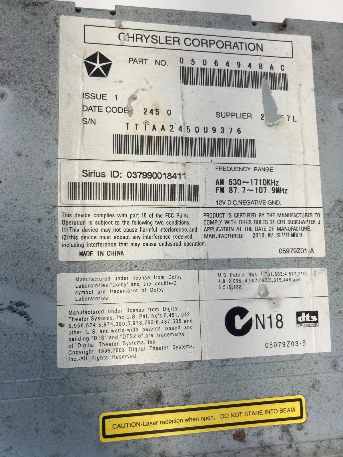 2009 2010 DODGE JOURNEY AM FM RADIO 6 CD DVD PLAYER MP3 RECEIVER UNIT 05064948AC