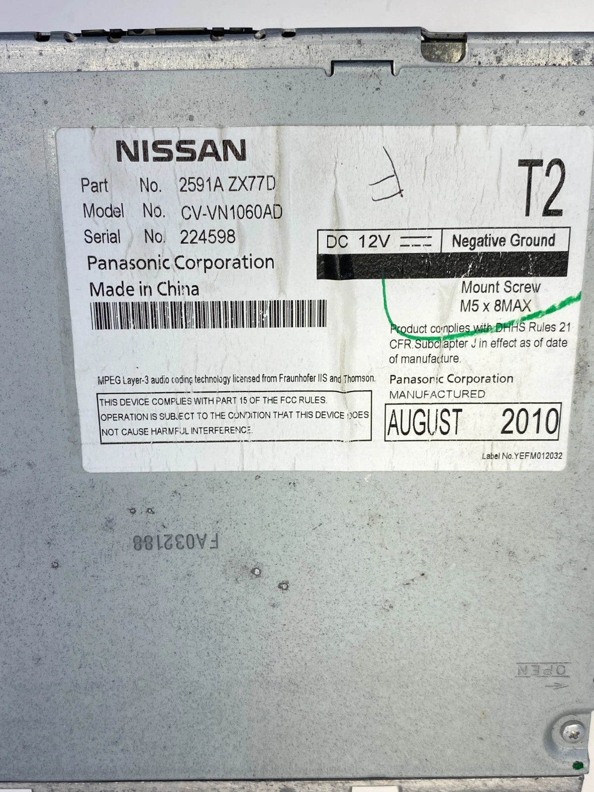 2010-2012 NISSAN MURANO RADIO RECEIVER AM-FM PLAYER CD UNIT ASSEMBLY 2591A-ZX77D