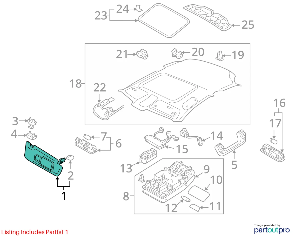 2013-2016 AUDI A4 SEDAN RIGHT SUN VISOR PASSENGER SUNVISOR 8U0-857-552-F