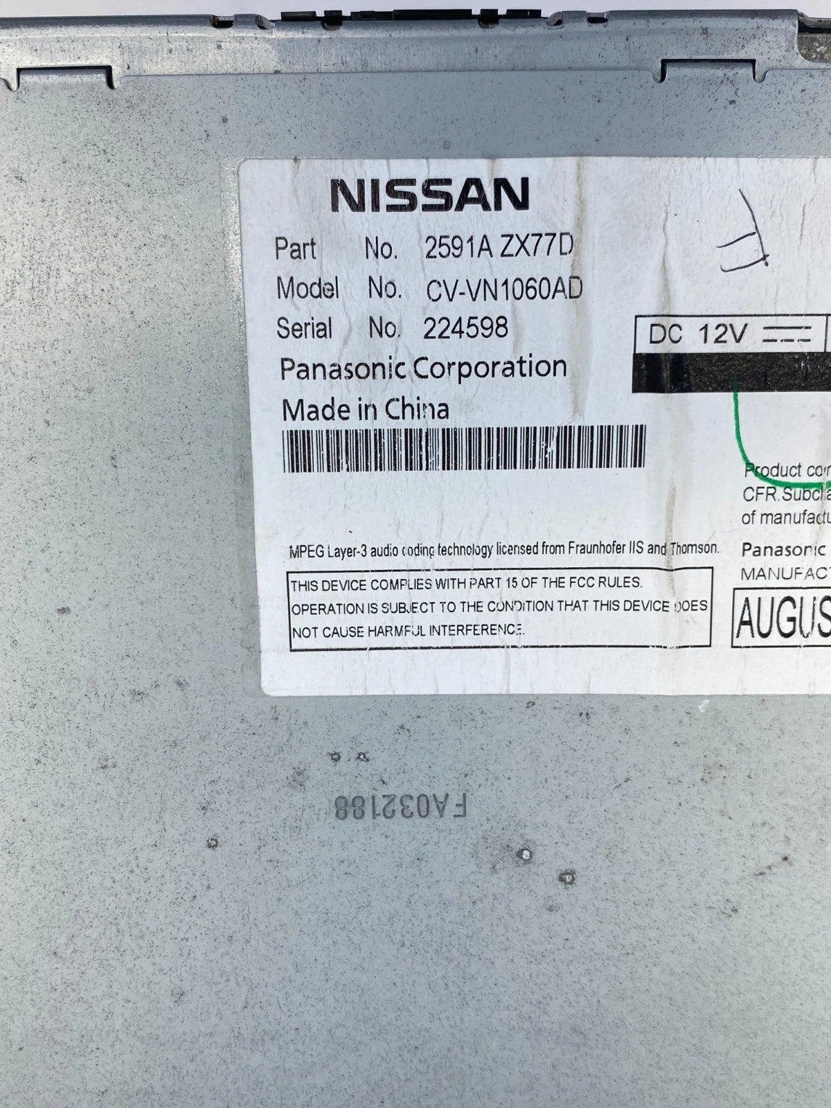 2010-2012 NISSAN MURANO RADIO RECEIVER AM-FM PLAYER CD UNIT ASSEMBLY 2591A-ZX77D