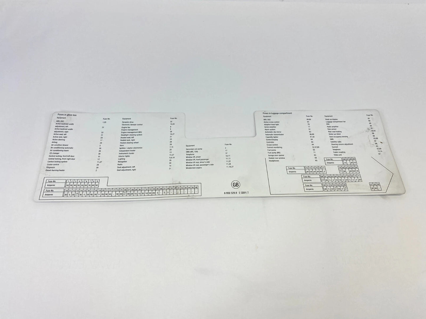 2006 06 BMW 530I 3.0L 24V CVT FUSE BOX DIAGRAM STICKER LABEL 69565299 OEM