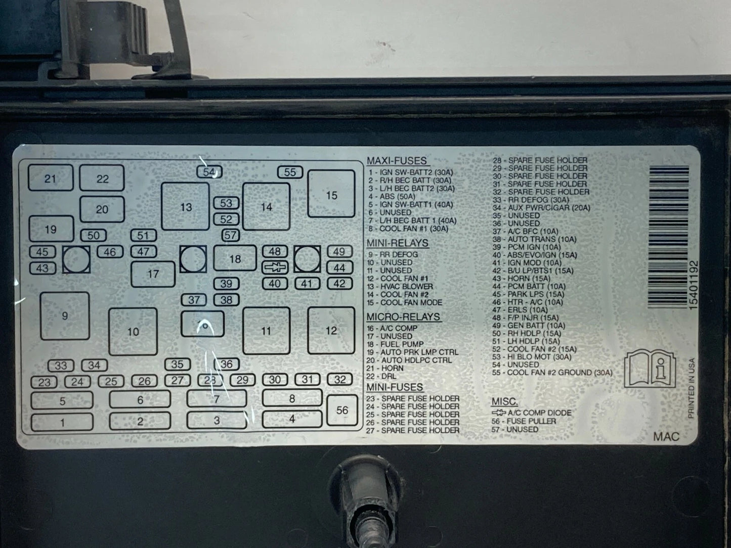 1999 99 VOLVO S80 2.9L L6 AUTOMATIC FUSE BOX COVER LID PANEL TRIM 15401192 OEM