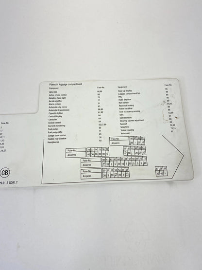 2006 06 BMW 530I 3.0L 24V CVT FUSE BOX DIAGRAM STICKER LABEL 69565299 OEM