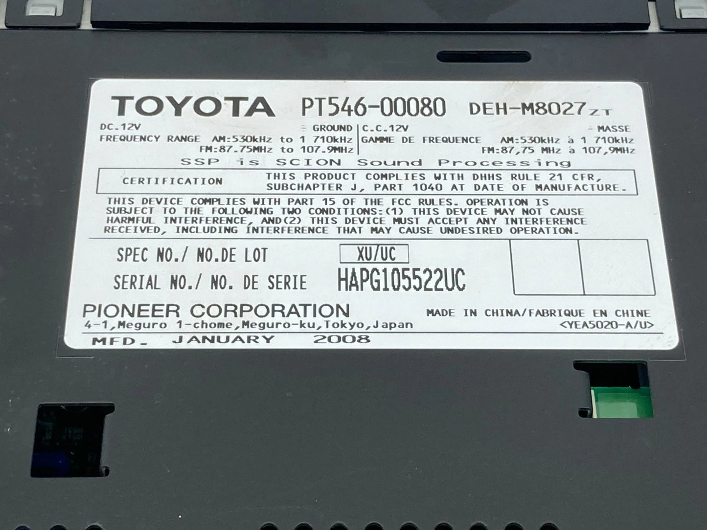 2008-2011 SCION XD AM /FM MP3 RADIO CD PLAYER SATELLITE READY PT546-00080 OEM