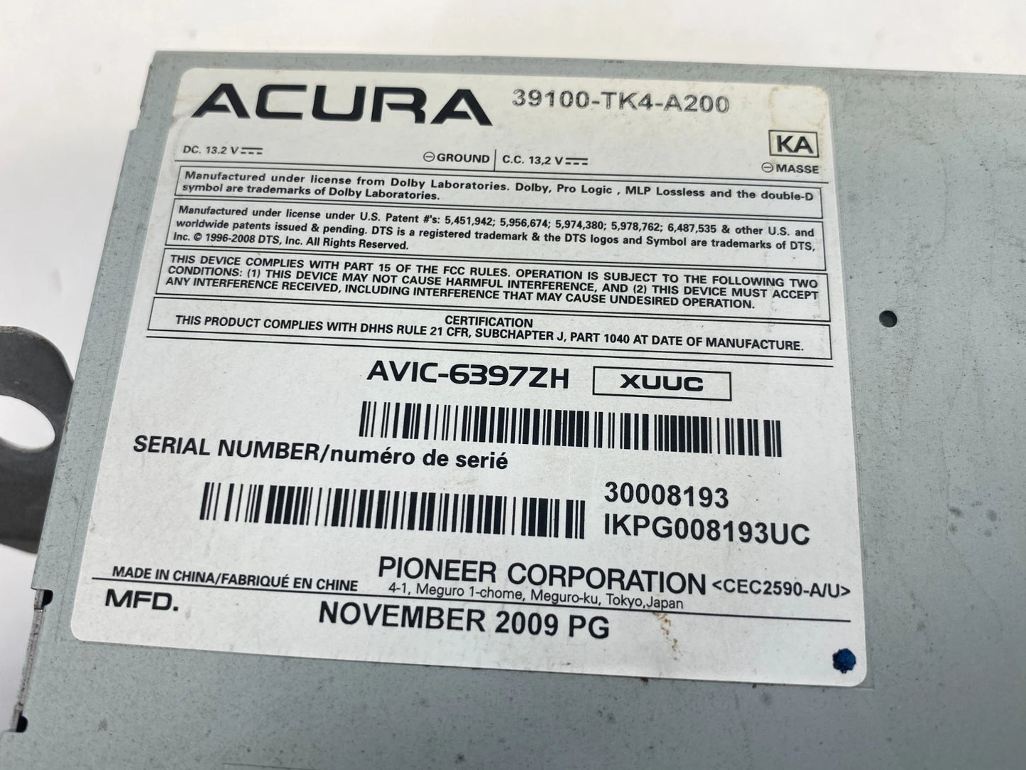 2010 2011 ACURA TL RADIO AM/FM RECEIVER CD DVD DISC PLAYER A/C CLIMATE CONTROL