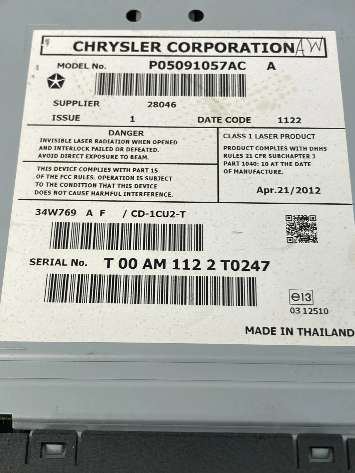 2013 2014 2015 2016 DODGE DART CENTER CONSOLE MOUNTED DVD PLAYER P05091057AC OEM