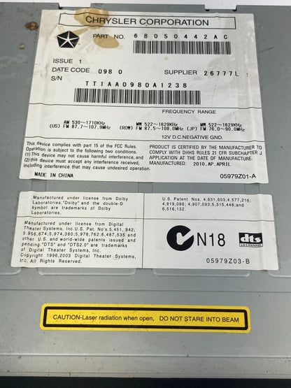 2009 2010 Volkswagen Routan Radio Receiver AM/FM CD Assembly 68050442AC OEM