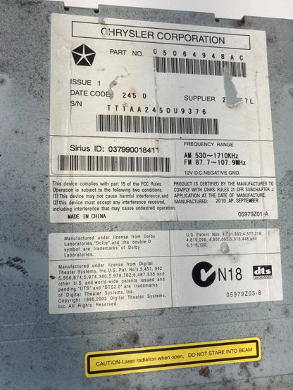 2009 2010 DODGE JOURNEY AM FM RADIO 6 CD DVD PLAYER MP3 RECEIVER UNIT 05064948AC