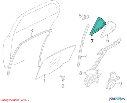 08-17 MITSUBISHI LANCER RR RIGHT QUARTER DOOR WINDOW GLASS W WEATERSTRIP 5740A04