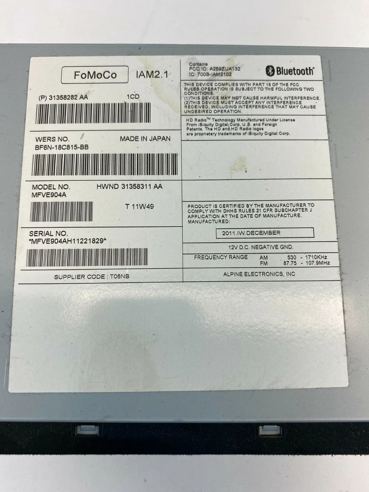 2011-2013 VOLVO S60 RADIO SINGLE DISC RECEIVER CD PLAYER UNIT 31358282AA OEM