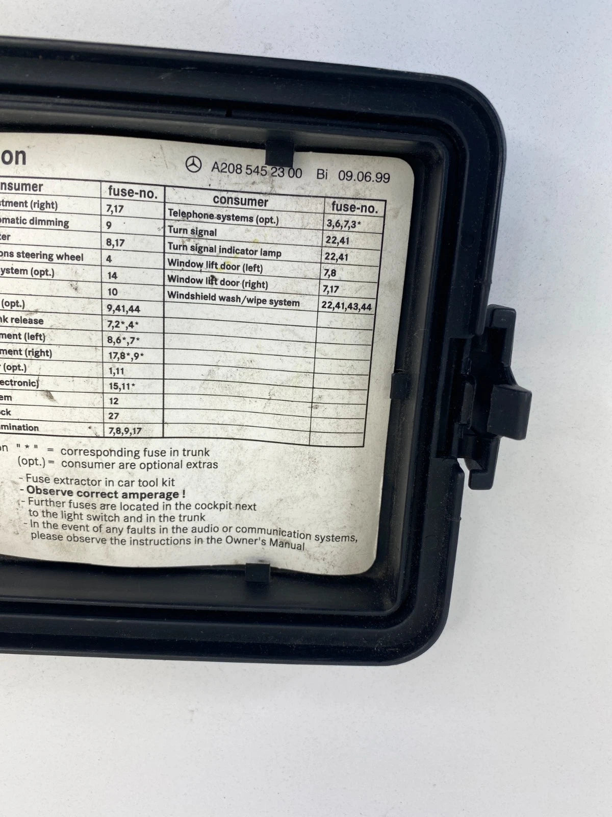 1999-2003 MERCEDES-BENZ CLK430 UNDER HOOD FUSE BOX COVER LID CAP 2085452300