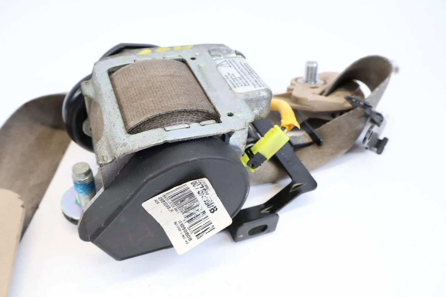 06-11 KIA RIO FRONT LEFT DRIVER SEAT BELT RETRACTOR WITH B-PILLAR TRIM BEIGE OEM