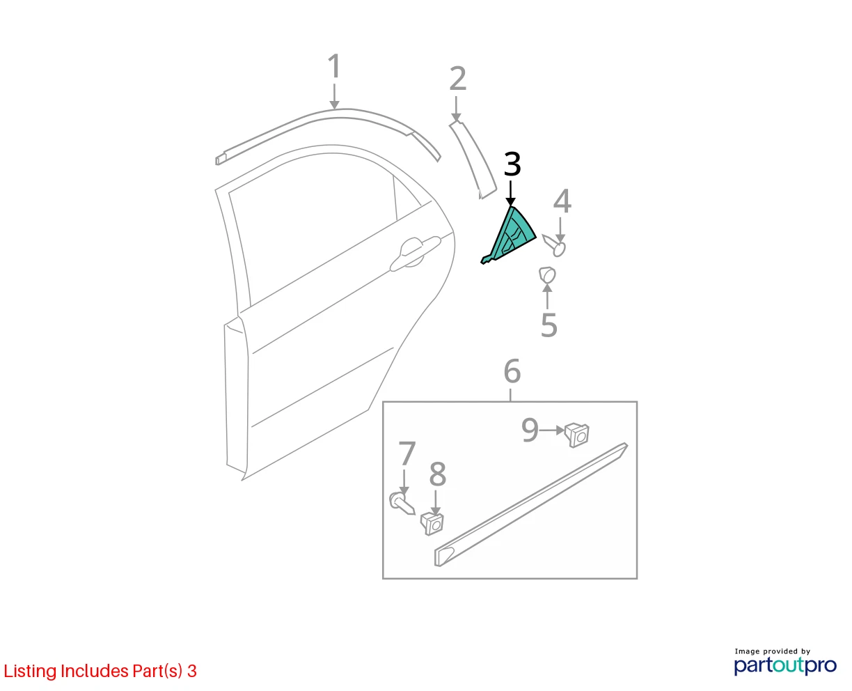 04-09 KIA SPECTRA EXTERIOR REAR RIGHT BACK DOOR DELTA MOLDING COVER 83840-2F000