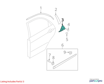 04-09 KIA SPECTRA EXTERIOR REAR RIGHT BACK DOOR DELTA MOLDING COVER 83840-2F000