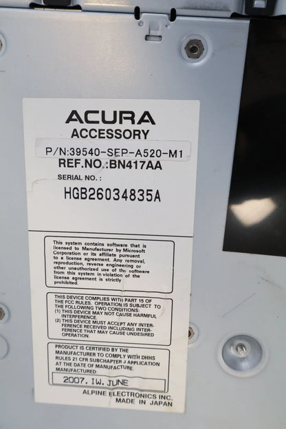 2007 2008 ACURA TL DVD GPS NAVIGATION PLAYER 39540-SEP-A520-M1 OEM
